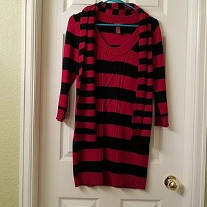 Red and black sweater dress with scarf